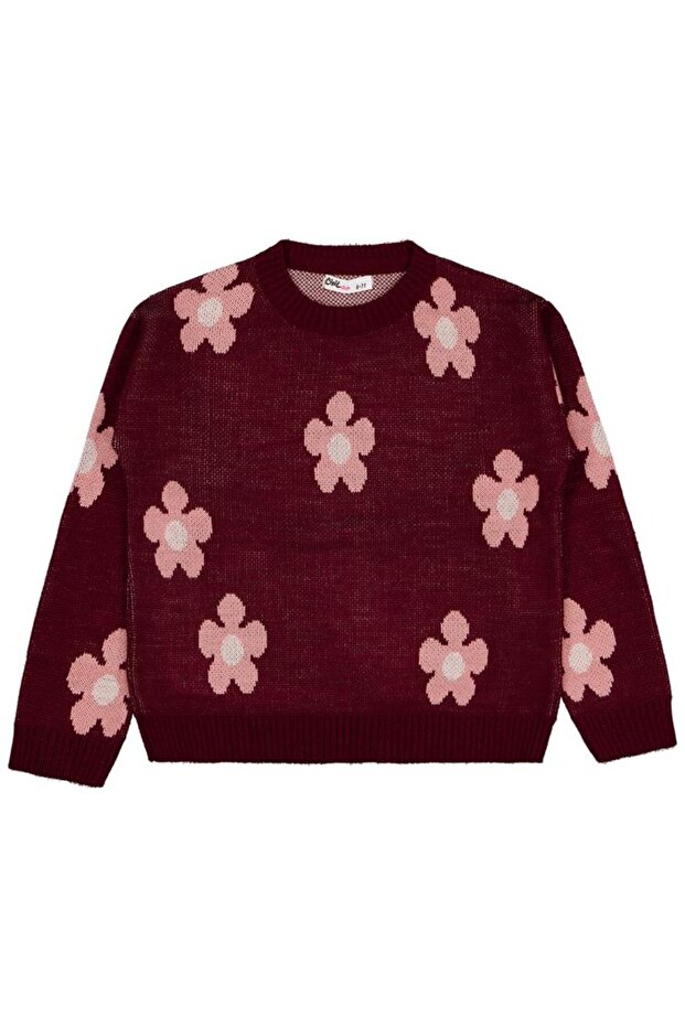Daisy Patterned Sweater for Ages 6-9 - Burgundy for Ages 7-8