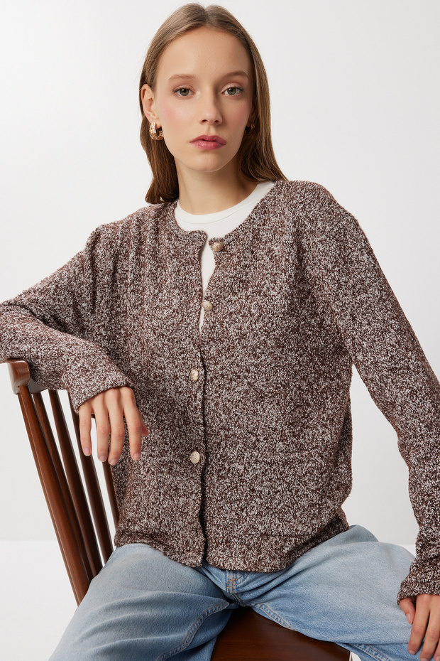 Gold Buttoned Knitwear Cardigan Lki̇0048 Brown