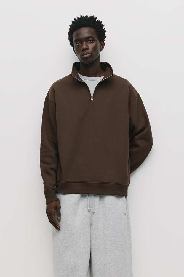 Fermuarlı dik yaka basic sweatshirt - 1
