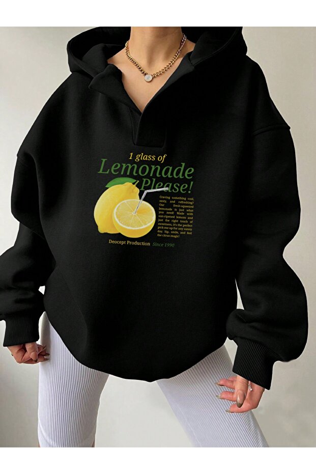 سويت شيرت أسود برقبة على شكل حرف V للجنسين بغطاء رأس Limonata مطبوع قصة فضفاضة