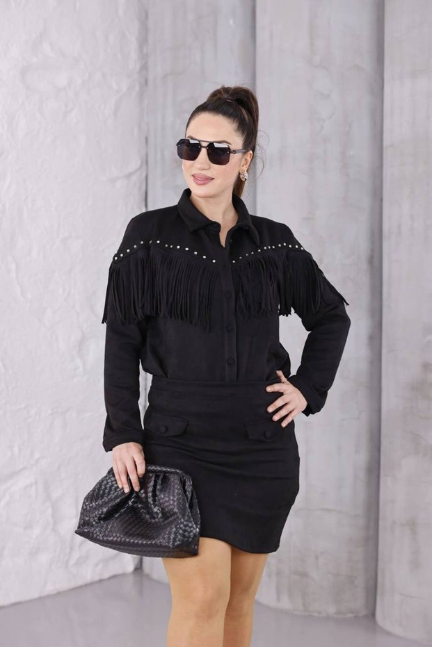 Genuine Suede Stretch Fabric Tasseled Blouse Skirt Set
