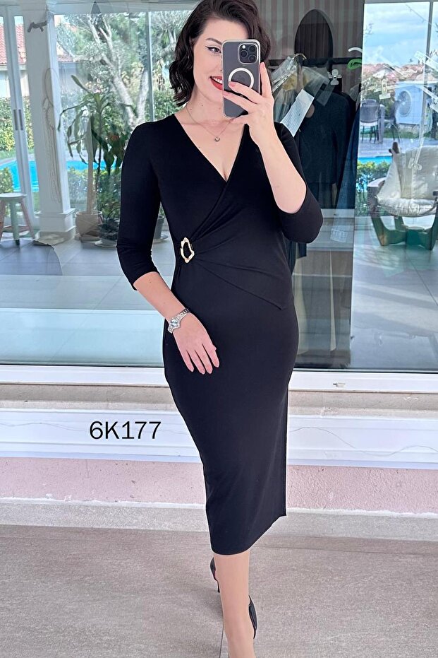 Double-Breasted Collar Buckle Viscose Dress 6K177