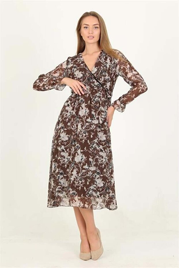 Women's Brown Patterned Midi Length Chiffon Dress Dprssn15