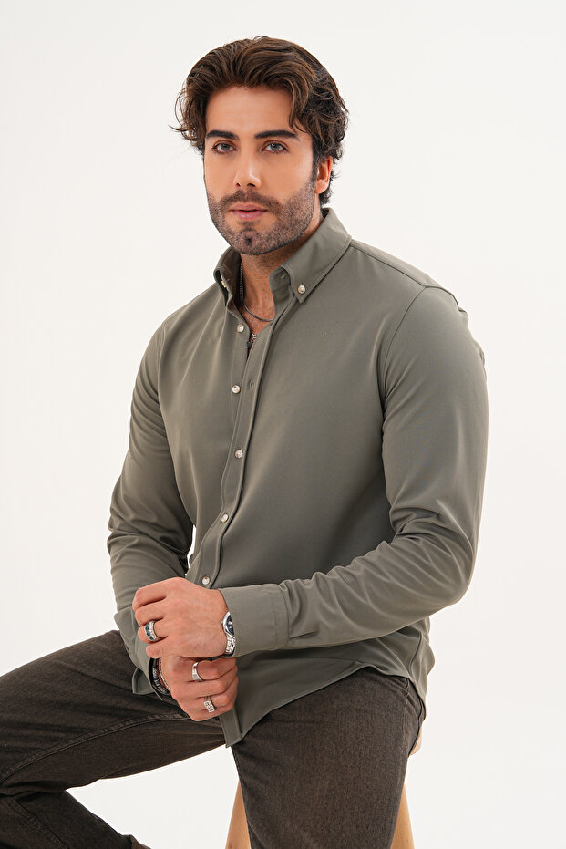 Gömlek Örme Petek Kumaş Mevsimlik Likralı Regular Erkek Gömlek - 1