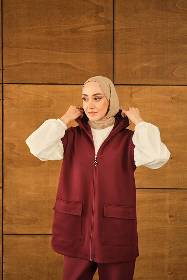 Women's Double Pocket Hooded Vest Set Set Claret Red