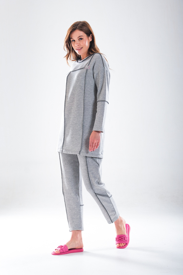 Women's Gray Black Stitching Detailed Hijab Homewear Tracksuit Set – Carrot Fit Bottom, 85 cm Tunic Length _2278