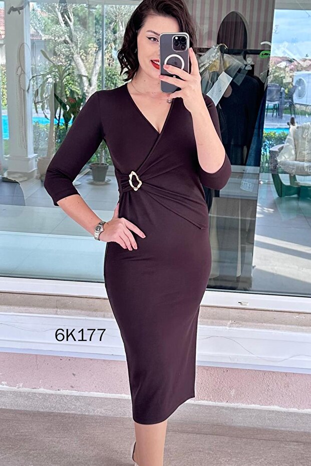 Double-Breasted Collar Buckle Viscose Dress 6K177