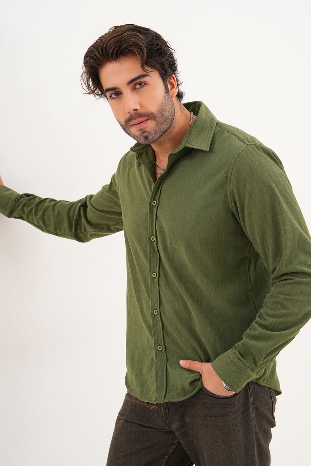Shirt Men's Cotton Velvet Fabric Stretch Fabric Transitional Regular Shirt