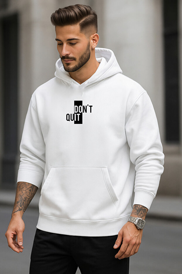 سويت شيرت رجالي أبيض قصة فضفاضة بغطاء رأس Dont Quit MINIMAL