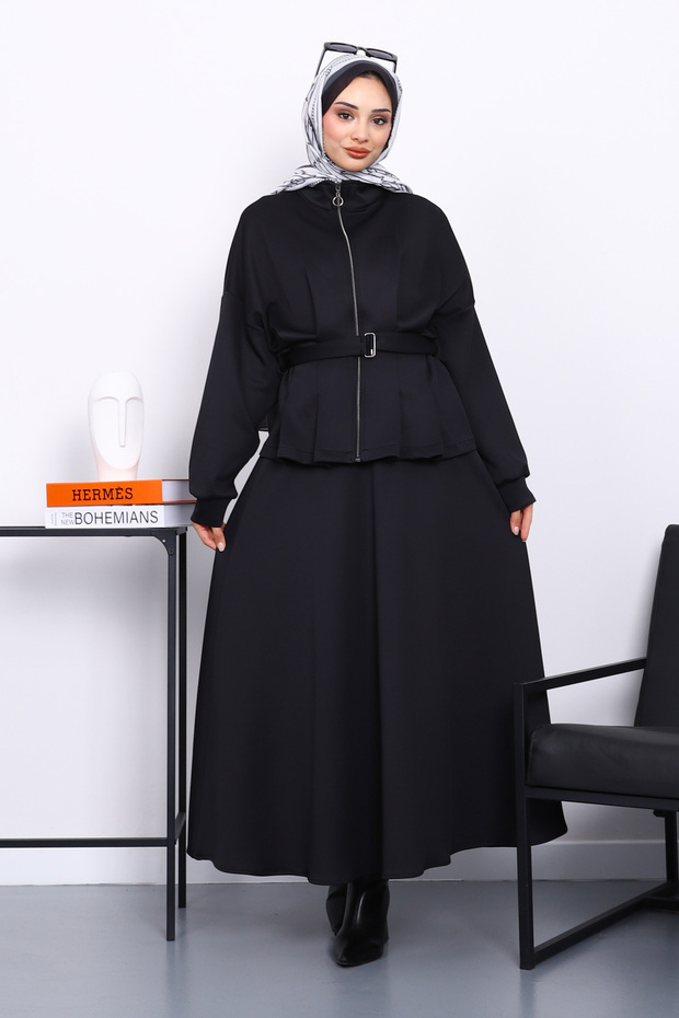 Black Waist Detailed Jacket Skirted Scuba Suit