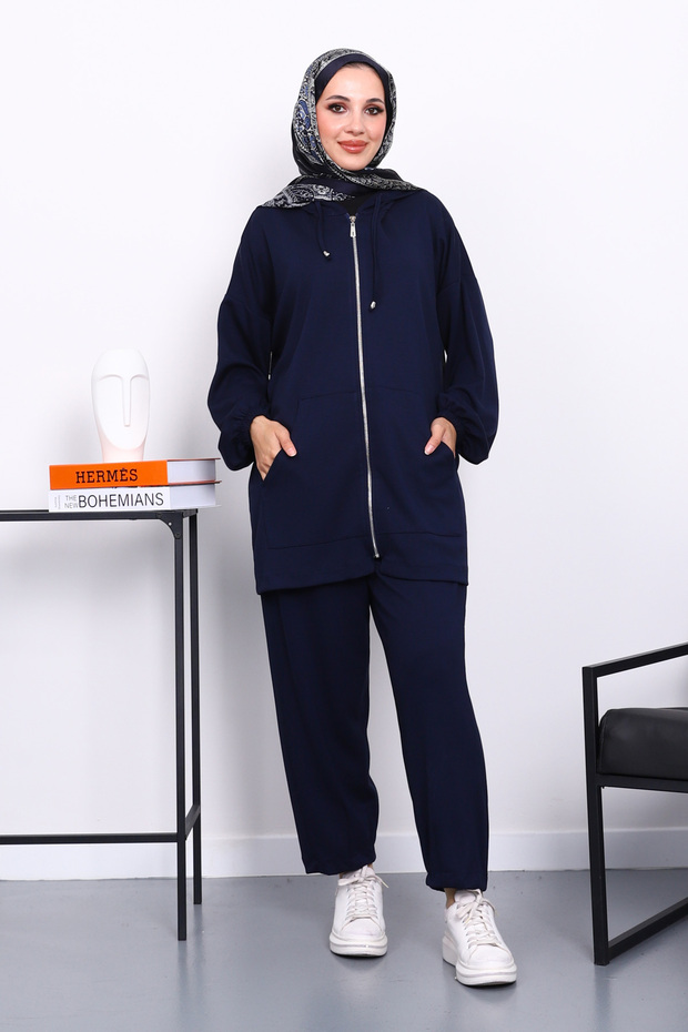 Navy Blue Hooded Zippered Tunic Trouser Suit