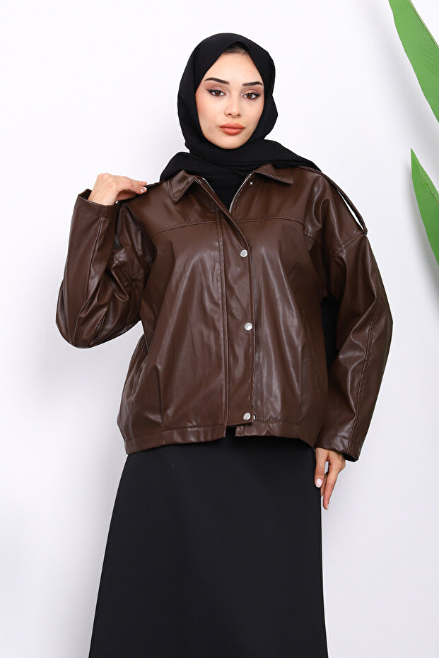 Brown Leather Jacket with Shoulder Epaulettes