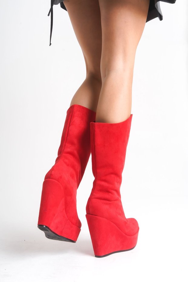 Beatrice; Red Suede, 12 cm Non-Zipper Wedge Heeled Women's Boots