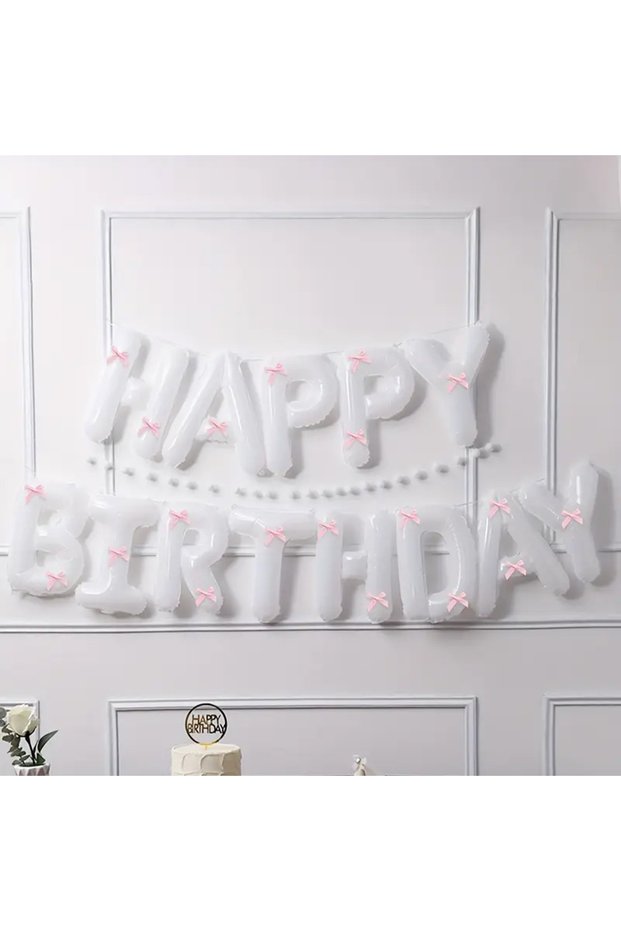 Happy Birthday White Foil Balloon Set with Pink Ribbon 33 Pieces