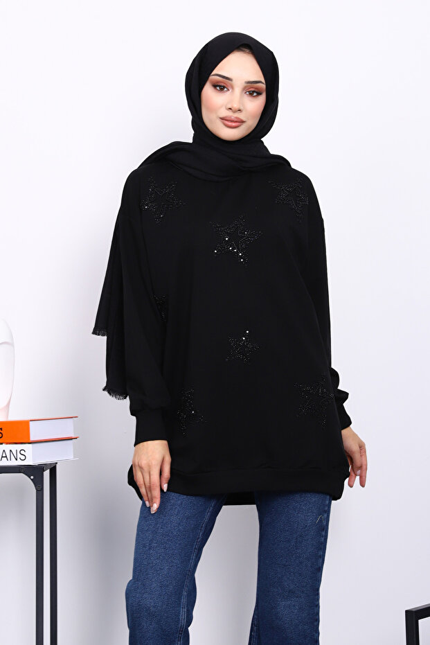 Black Crew Neck Stone Modal Sweatshirt