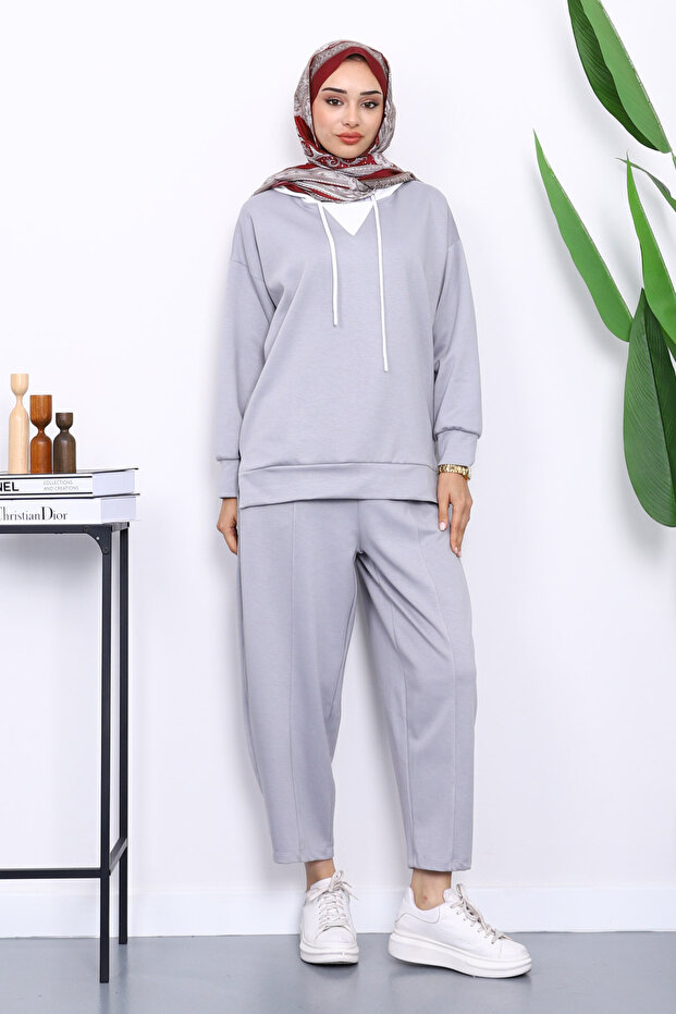 Gray Hooded Tunic Pants Set