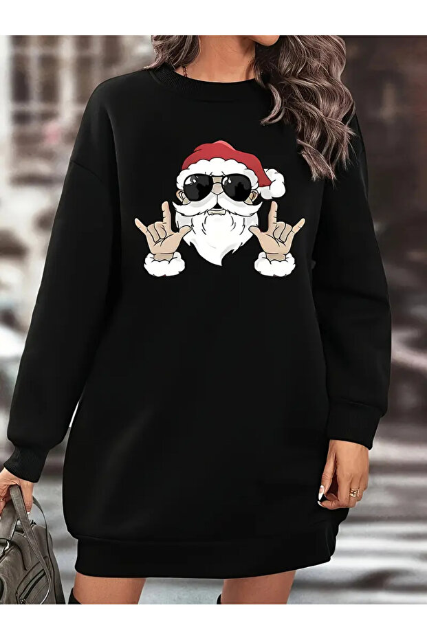 New Year Santa Printed Black Fleece Sweatshirt Dress