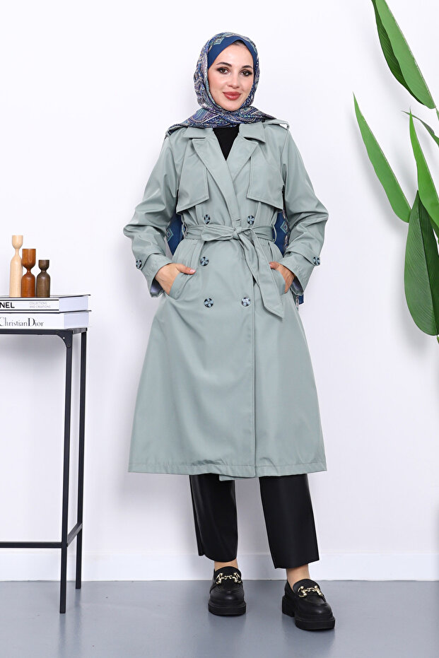 Çağla Kravuze Collared Trench Coat with Belted Waist and Buttons