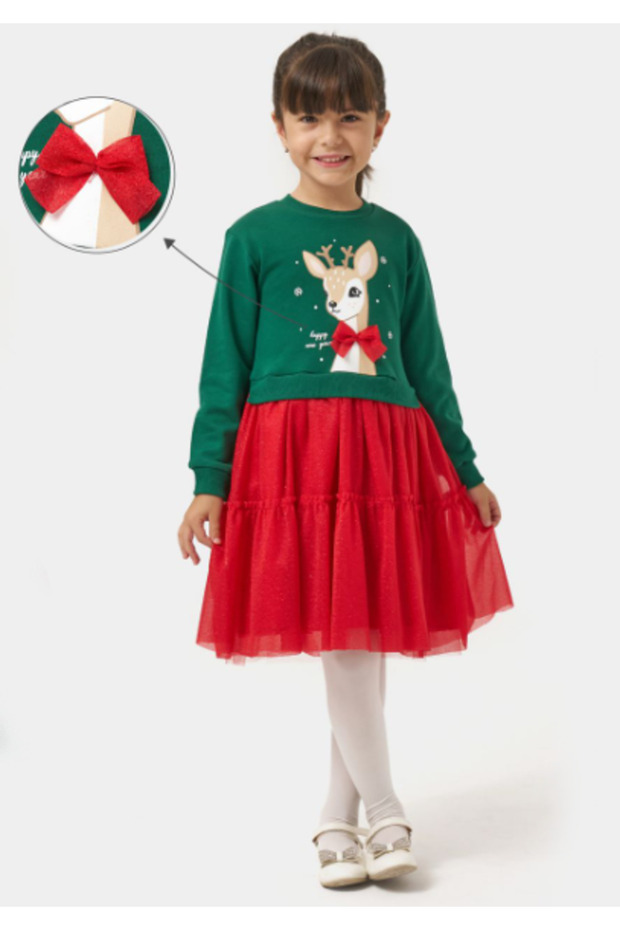 Girl's happy new year deer Printed new year dress nbk-24916