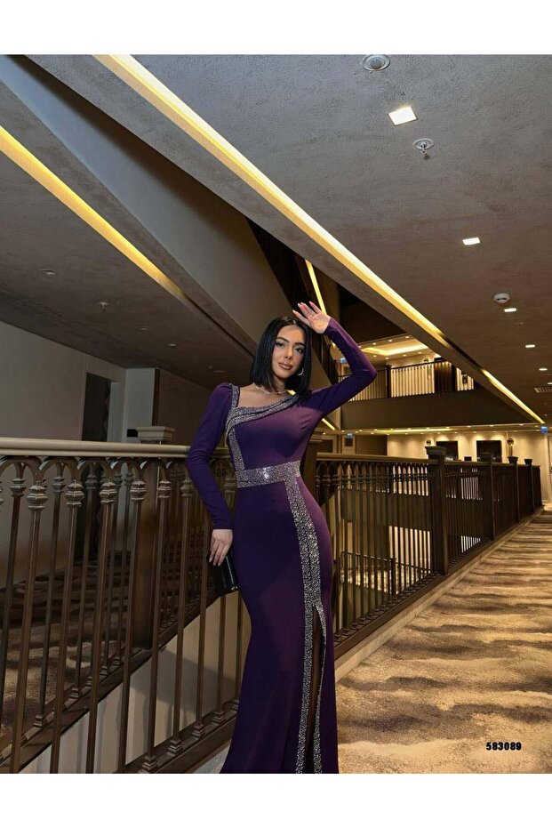 cu pietre aplicate rochie lungă de seară 583089 violet - 3