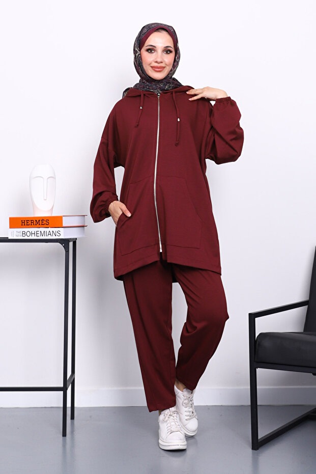Burgundy Hooded Zippered Tunic Trouser Suit