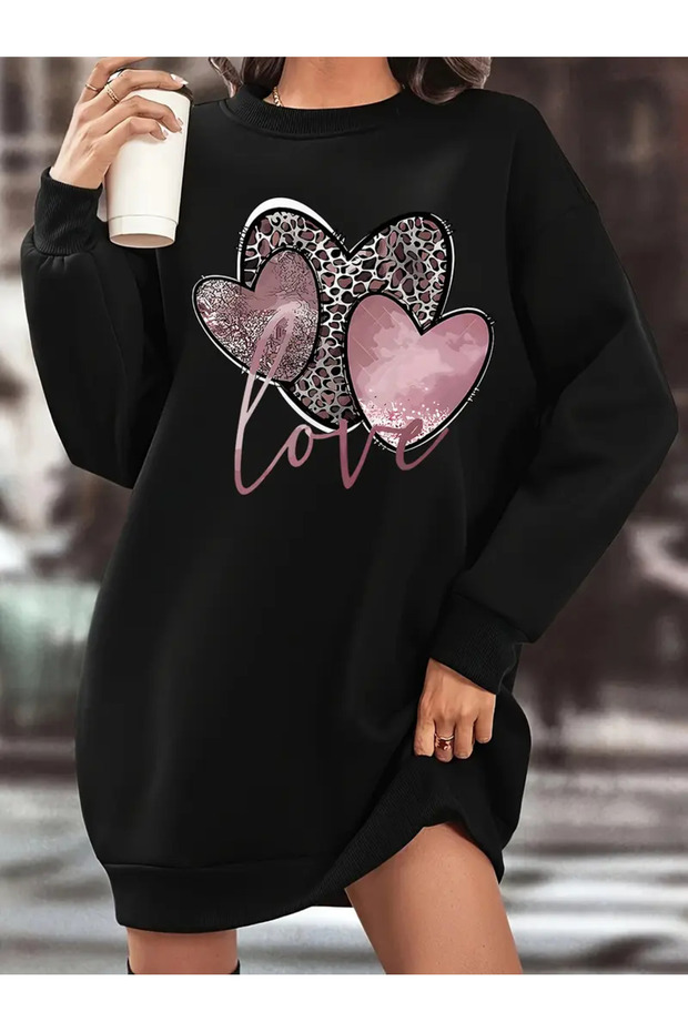 Leopard Heart and Love Printed Sweatshirt Dress Women