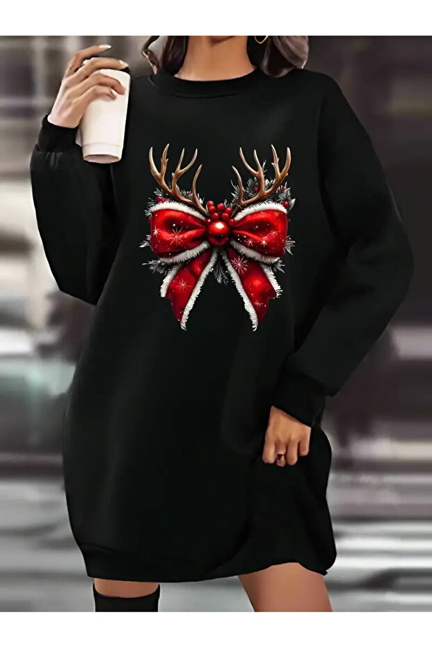 Women's Red Bow and Horn Printed Fleece Sweatshirt Dress