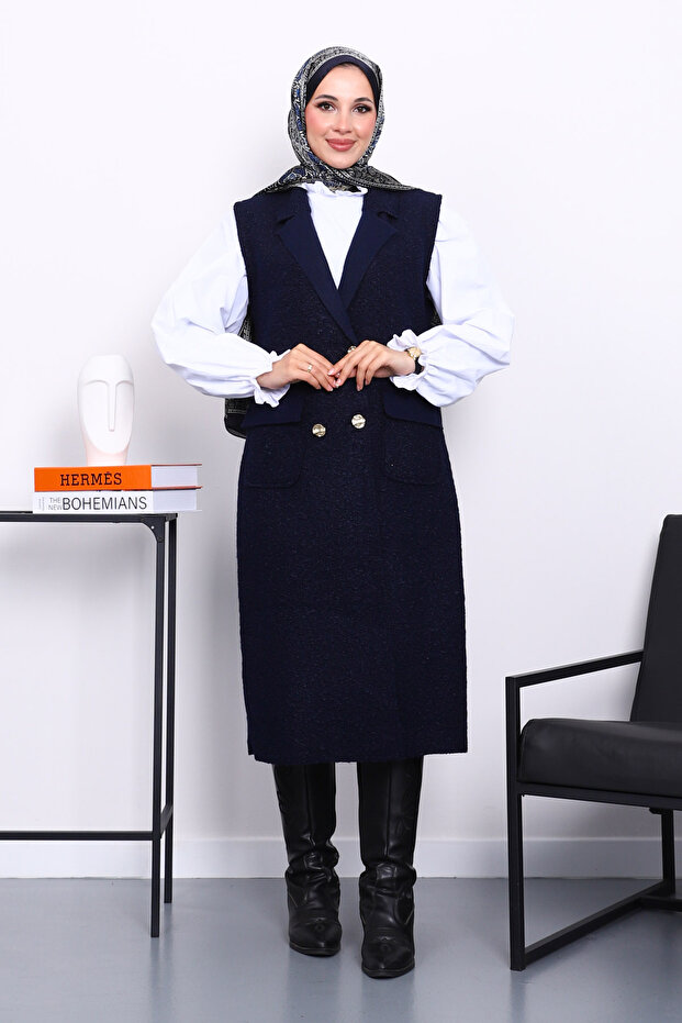 Navy Blue Buttoned Long Boucle Vest
