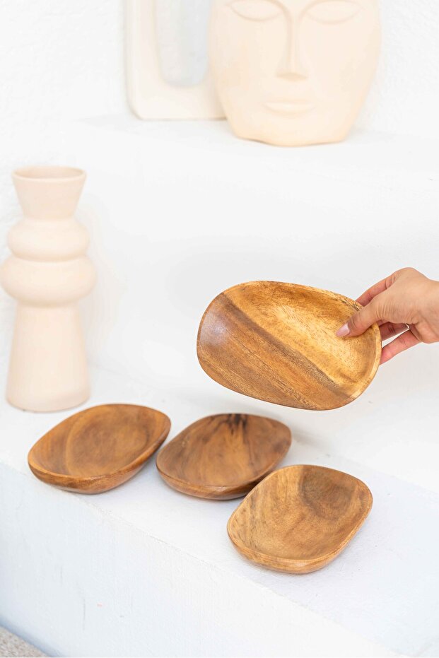 Set of 4 Acacia Wood Boat Appetizer Plates