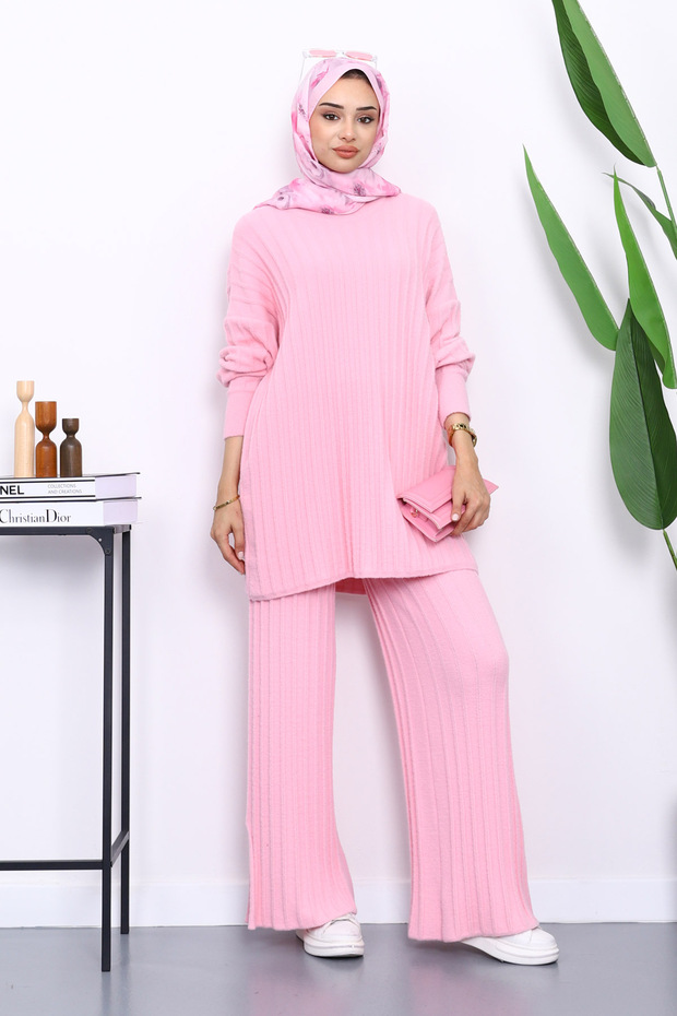 Pink Corded Fabric Yumoş Tunic Knitwear Set with Trousers