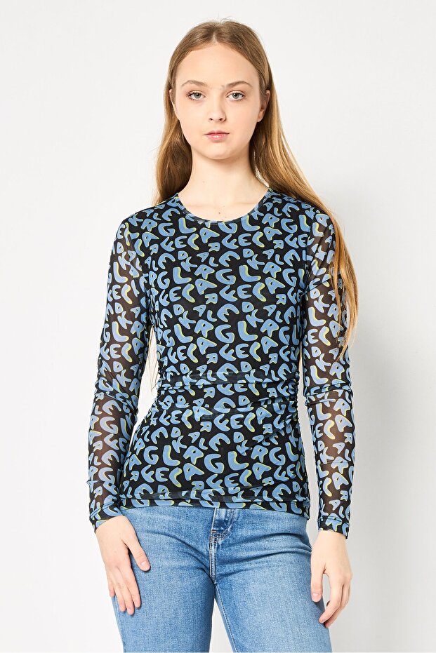 Women Round Neck Long Sleeve Allover Print Top, Multicolor