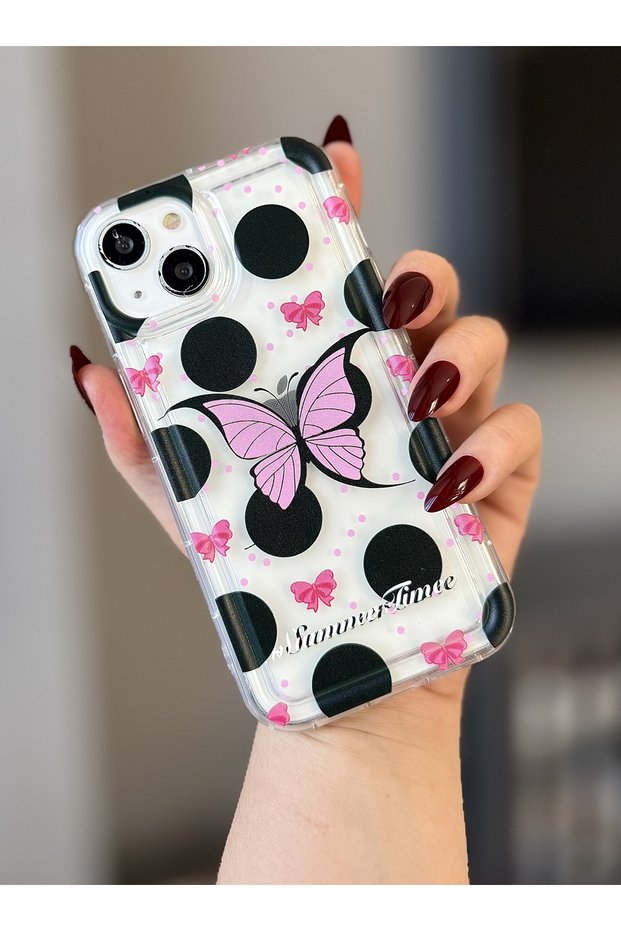iPhone 15 Transparent Case with Porkets/Flying Butterfly Pattern