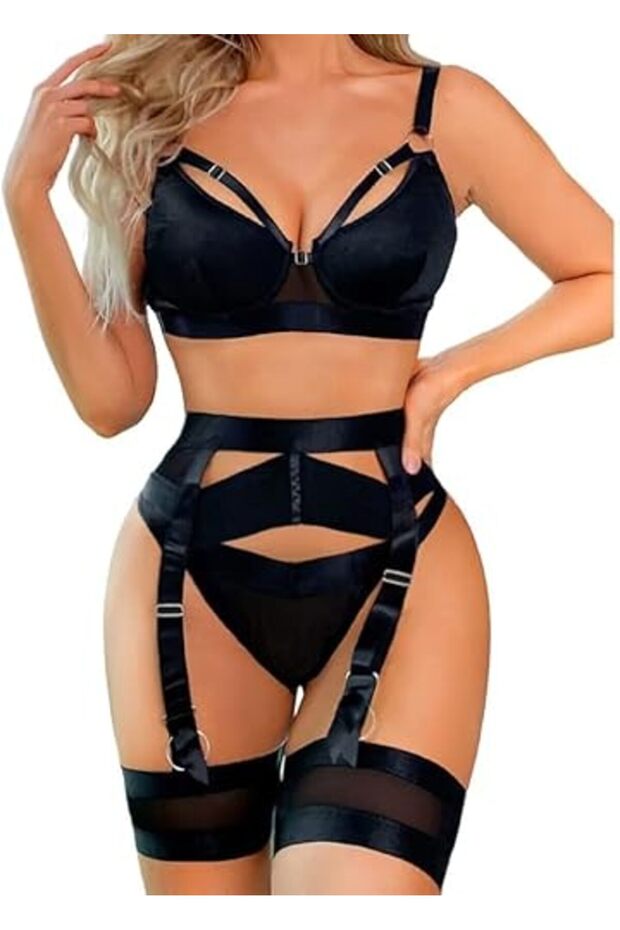 Women Lingerie Sets with Garter Belt 4 Pieces Lace Teddy Babydoll Bodysuit MG06