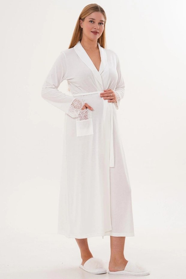 Women's Long Belted Dressing Gown with Pocket and Guipure Detail 65% Cotton 35% Viscose