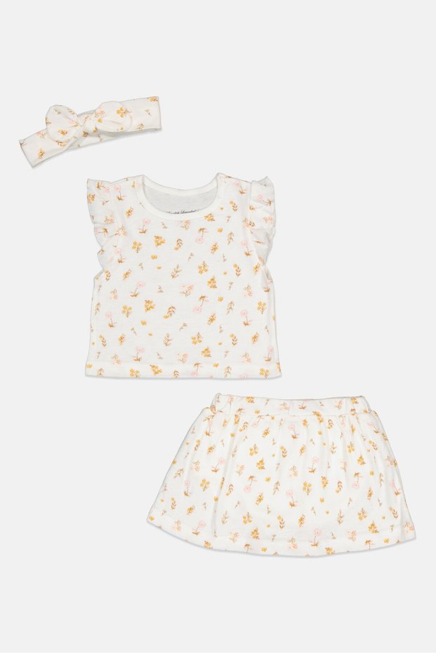 Toddlers Girl 3 Pieces Floral Print Top And Skirt With Headband, Multicolor