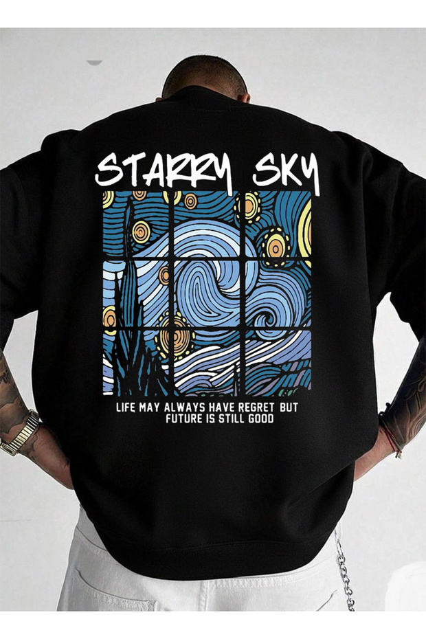 سويت شيرت أسود برقبة دائرية للجنسين قصة فضفاضة STARRY SKY مطبوع