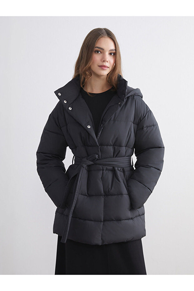 Women's Puffer Jacket with Hood and Belted Waist