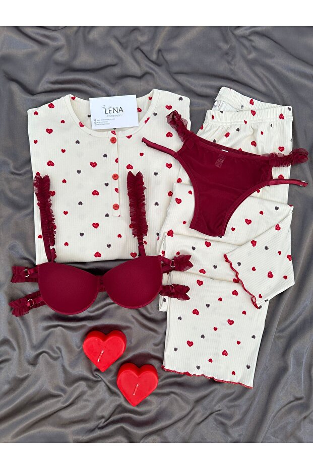 Women's Patterned Berlin Ribbed Knit Pajama Set with Underwear