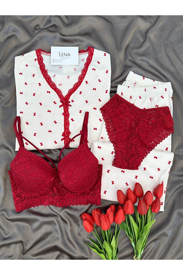 Women's Patterned Berlin Ribbed Knit Pajama Set with Underwear