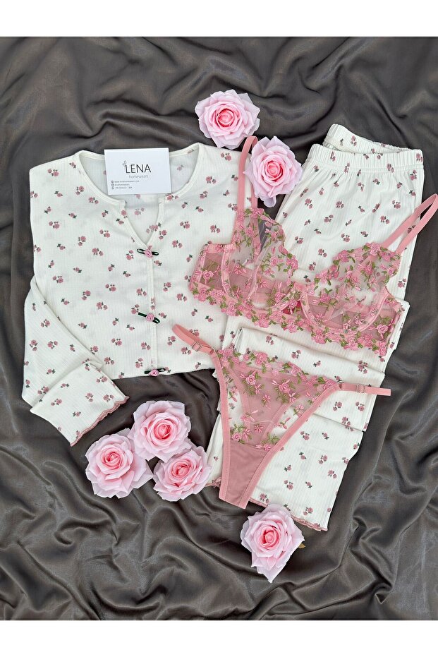 Women's Patterned Berlin Ribbed Knit Pajama Set with Underwear