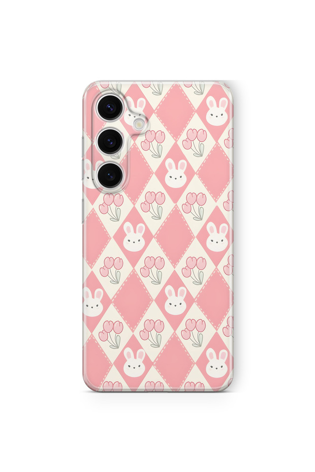Samsung Galaxy A37 Compatible Rabbit and Tulip Pattern Transparent Phone Case