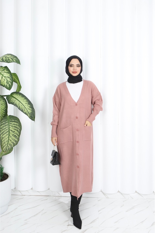 سترة طويلة محبوكة مع جيوب