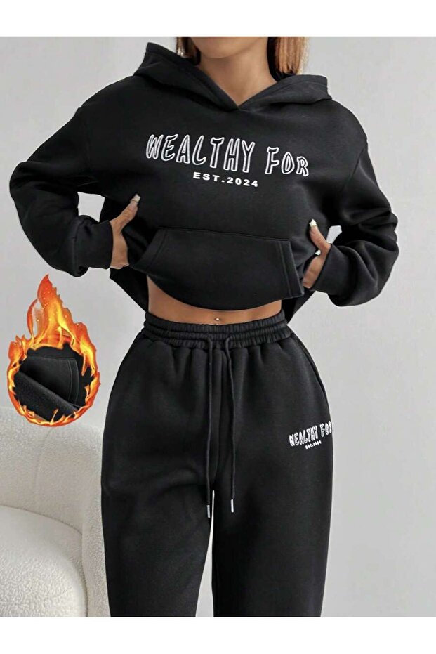 Women's Black Hooded Two Thread Suit – High Waist Comfortable Fit