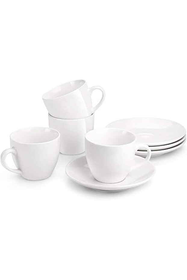 8 Ounce Porcelain Cappuccino Cups with Saucers Set of 4 White for Coffee and Tea