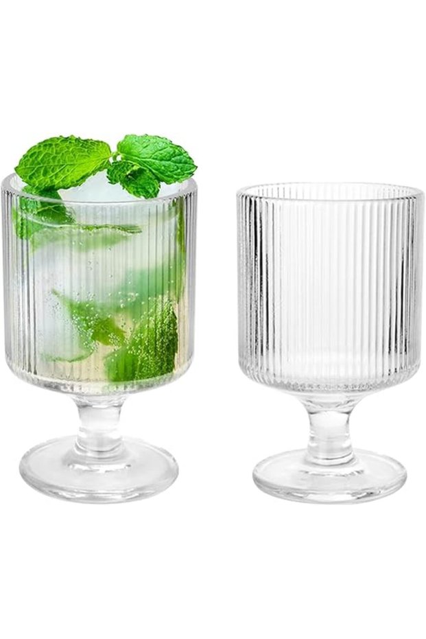 2pcs Vintage Ribbed Glasses – 6.8oz Origami Style Short Stem Goblets for Drinks