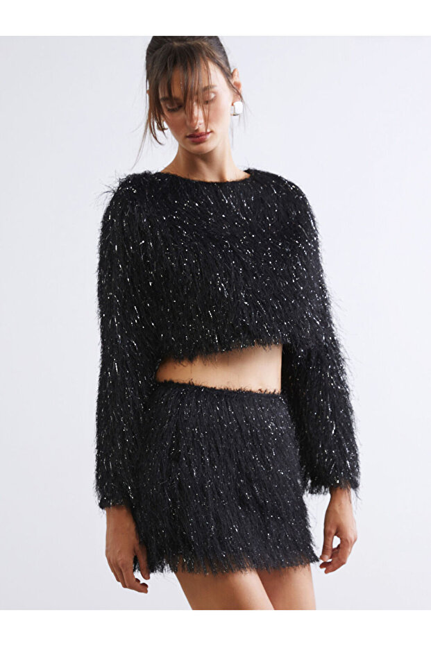 Soulife Black Elastic Waist Feathered Mini Knit Skirt