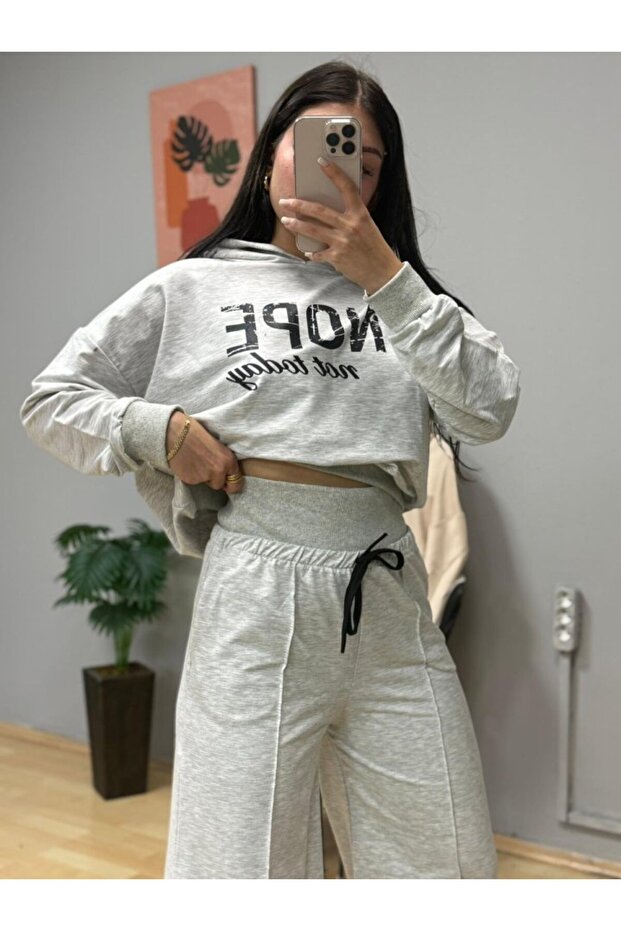 Women's Long Sleeve Nope Printed Ribbed Waist Double Suit