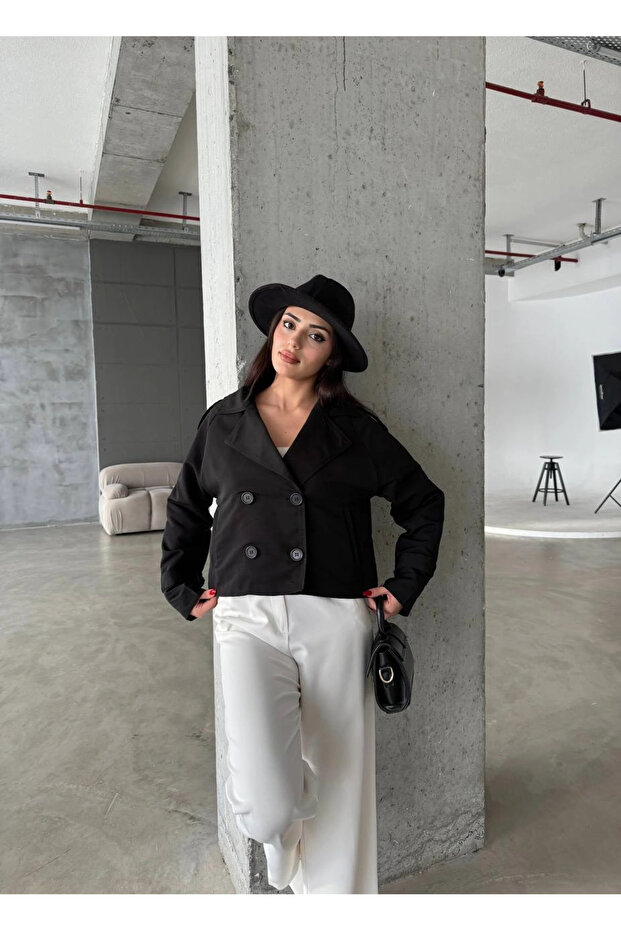 Çift Düğmeli Kısa Trenç Siyah - 7