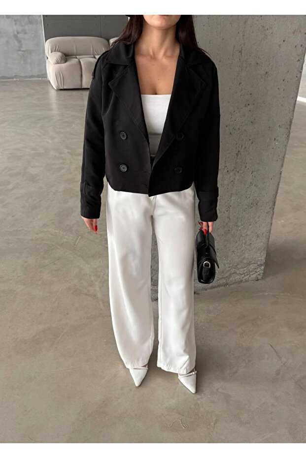 Çift Düğmeli Kısa Trenç Siyah - 3