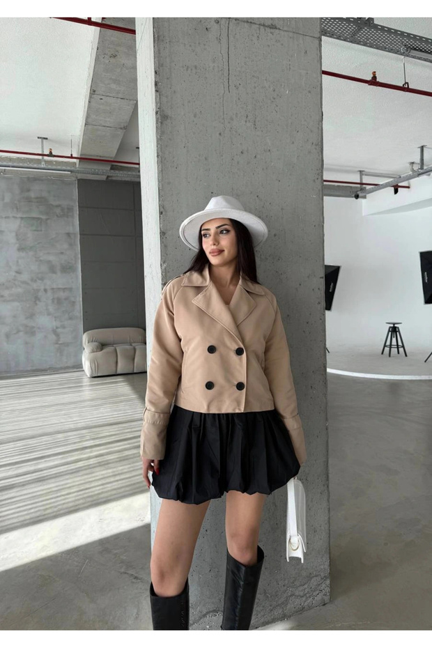 Çift Düğmeli Kısa Trenç Vizon - 5